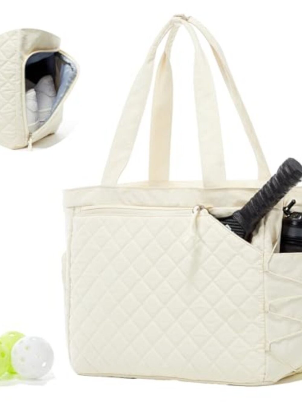Quilted Pickleball Tote Bag Holds 2-6 Paddles, Shoe Compartment, Fence Hook